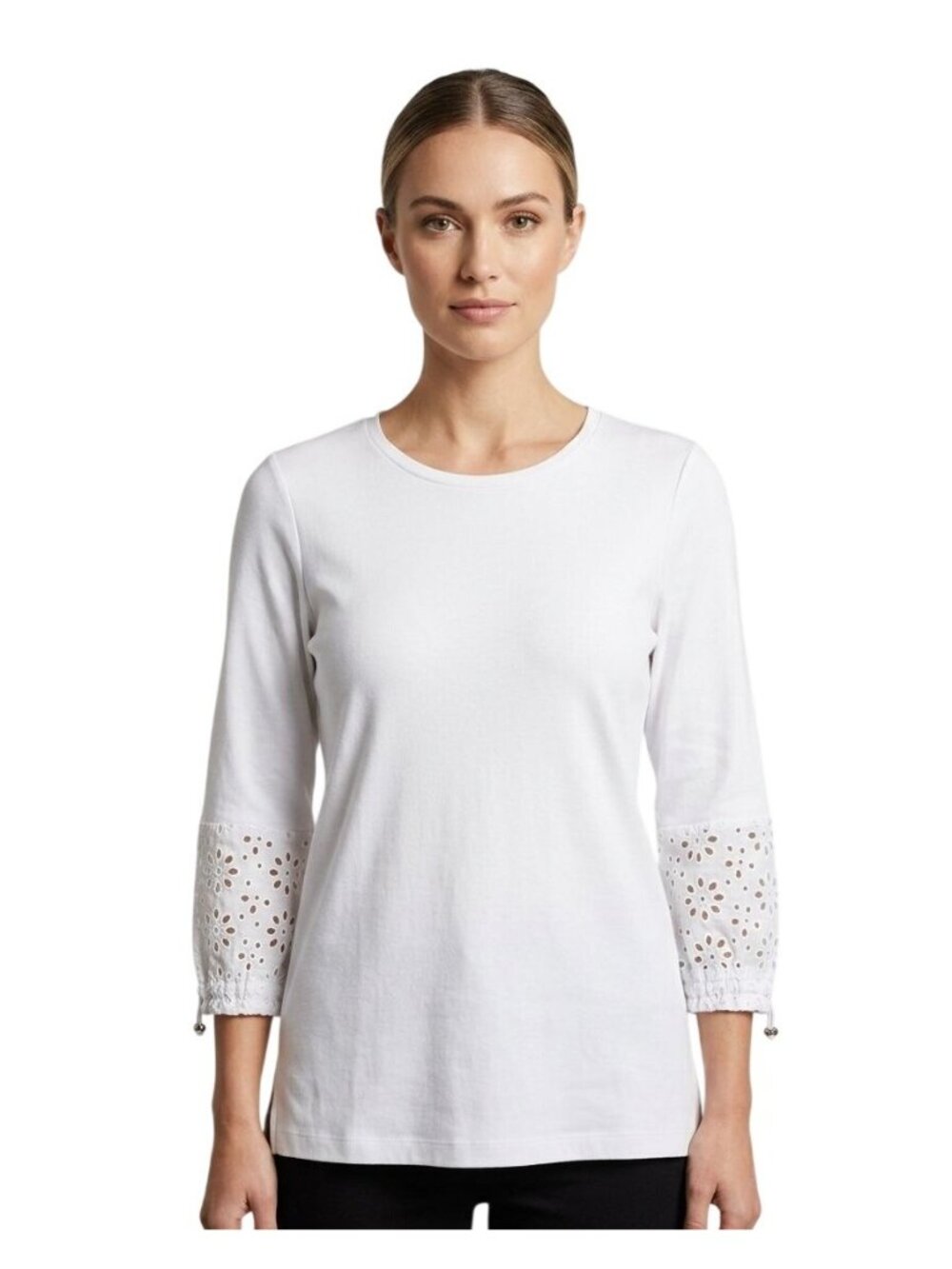 E.L.I Top XS Embroidered Eyelet 3/4 Sleeve Crewneck Pima Cotton White Minimalist